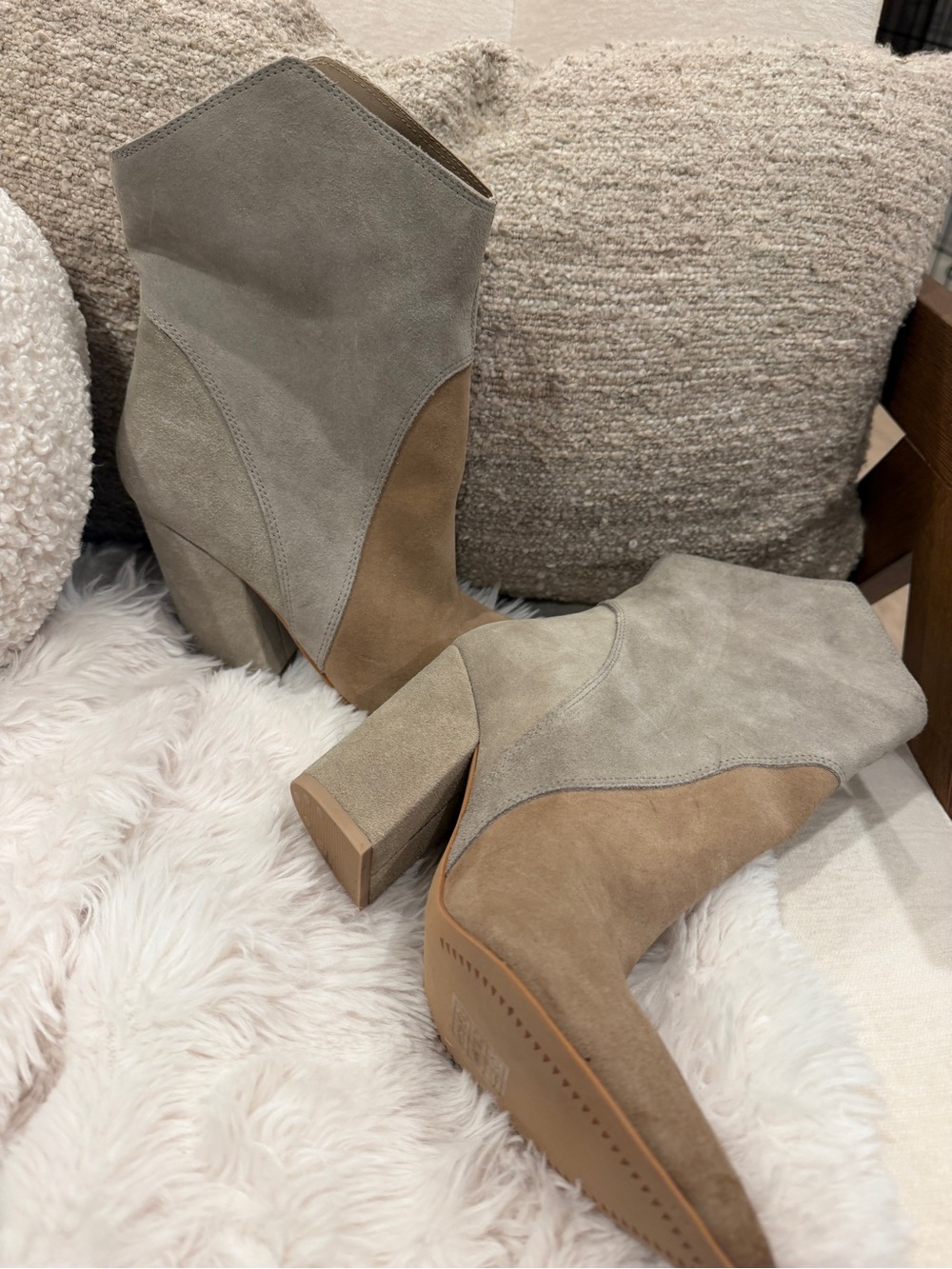 Dolce Vita Two-Tone Suede Ankle Boots in Gray and Tan
